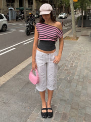 Pink Stripe Off Shoulder T-Shirt