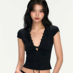 Deep V-Neck Lace Patchwork Top