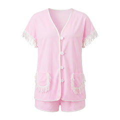 Button‑Down Short Sleeve Tassel Fringe Pocket Top And Shorts Loungewear Set