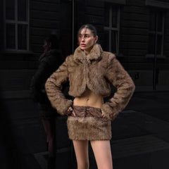 Brown Faux Fur Crop Coat With Patchwork Mini Skirt