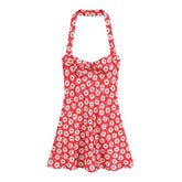 Red Daisy Floral Print Halter Mini Dress