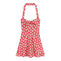 Red Daisy Floral Print Halter Mini Dress