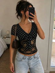 Black Dot Print Lace Patchwork Crop Top