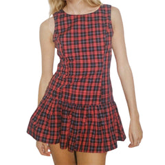 Plaid Print Round Neck Ruffles Hem Sleeveless Mini Dress