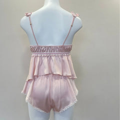 Satin Ruffle Strap Babydoll Top And Shorts Sleepwear Set