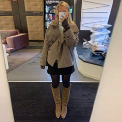 Checkered Button Double Breasted Long Sleeve Coat