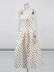 White Satin Polka Dot Strapless Midi Dress