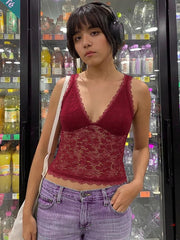 Burgundy Lace V-neck Tank Top