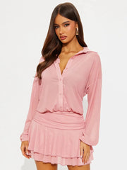 Button Up Collar Mesh See Through Long Sleeve Mini Dress
