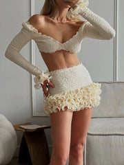 White Long Sleeve Crop Top And Ruffle Trim Mini Skirt Set