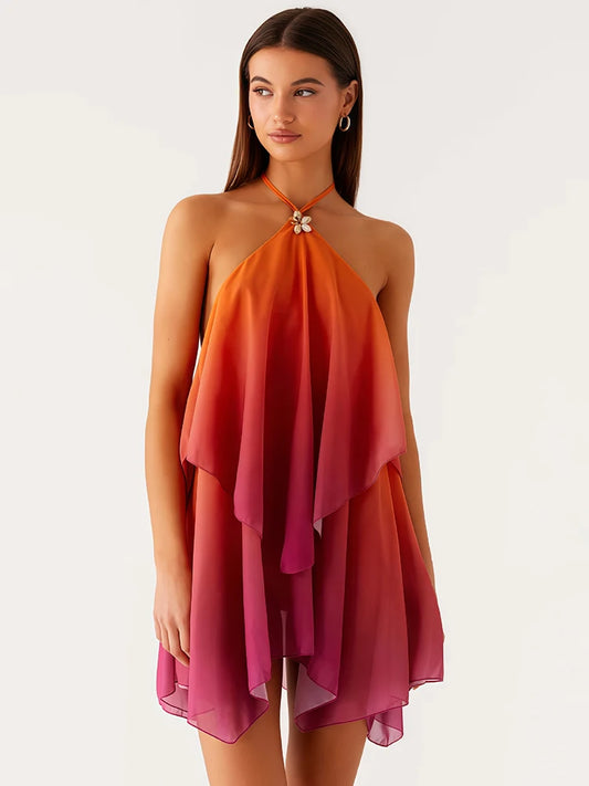 Gradient Halter Frill Mini Dress