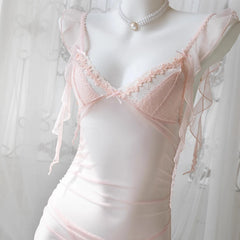 Mesh Ruffle Trim Sheer Nightdress with Panty