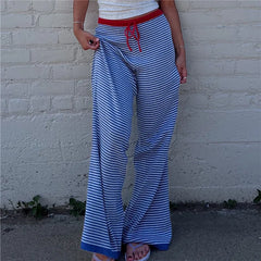 Blue Striped Wide Leg Red Drawstring Waist Lounge Pants