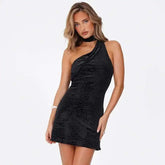 Black Velvet One-Shoulder Mini Dress
