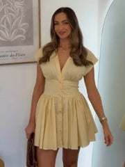 Cap Sleeve Buttoned Pleated Mini Dress