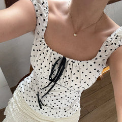 Polka Dot Short Sleeve Tie Up Top