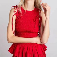 Red Short Puff Tie Up Removable Sleeve Smocked Top