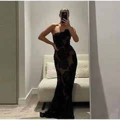 Black One-Shoulder Floral Desgin Long Dress