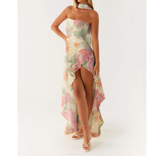 Strapless Printed Ruffles Midi Dress with Scarf