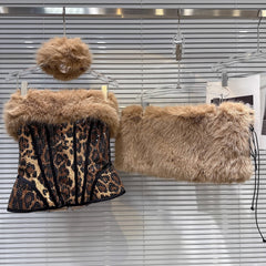 Leopard Print Sequin Fishbone Tank Top And Plush Short Skirt Set