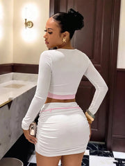 Two Tone Ruched Long Sleeve Crop Top And Bodycon Mini Skirt Set
