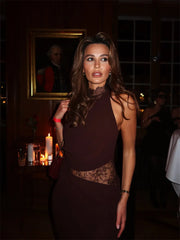 Brown Lace Hollow Out Cowl Maxi Dress