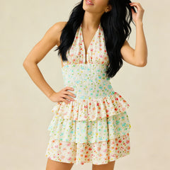 Floral Print Halter Smocked Tiered Mini Dress