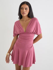 Deep V-neck Short Sleeve Solid Ruched Mini Dress