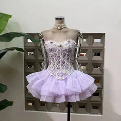 Purple Lace Embroidery Corset Top And Tulle Mini Skirt Set