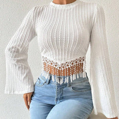 White Long Sleeve Tassel Trim Crop Top
