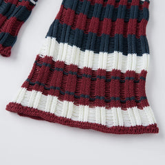 Striped Ribbed Distressed Long Flare Sleeve Button Top