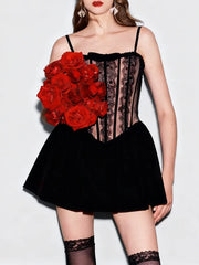 Black Corset Lace Trim Desgin Flare Mini Dress