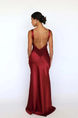 V-neck Satin Backless Pearl Chain Long Dress