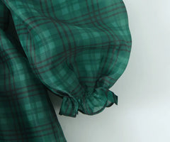 Green Gingham Puff Sleeve Organza Ball Mini Dress