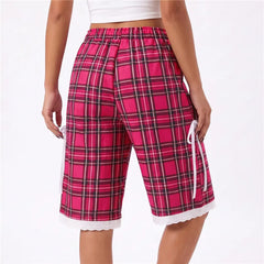 Elastic Waist Knee Length Plaid Camo Print Lace Trim Bermuda Capri Shorts