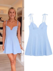 Blue Tie Up Bow Sweet Heart Neckline Mini Dress