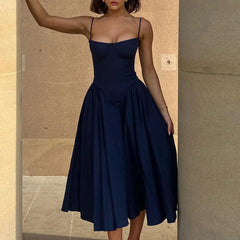 Solid Spaghetti Strap Bustier Pleated Midi Dress