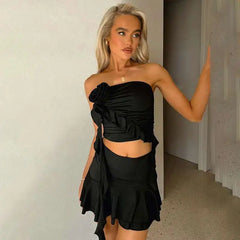 Strapless Ruffled Top And Mini Skirt Set