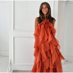 Flower Ruffles Halter Long Dress