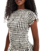 Round Neck Gingham Smocked Short Sleeve Top
