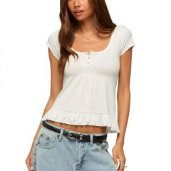 Short Sleeve Buttoned Ruched Bust T-Shirt
