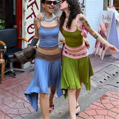 Blue Layered Cami Tank Top And Asymmetrical Hem Midi Skirt Set
