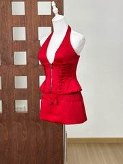 Red Satin Halter Neck Lace-up Top And Mini Bow Skirt Set