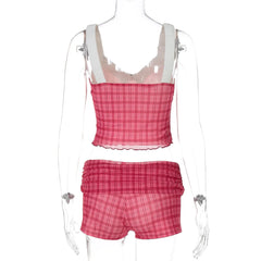 Red Plaid Ruffle Strap Crop Top and Shorts Set