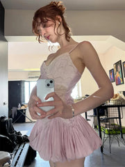 Pink Patchwork Pattern Lace Spaghetti Strap Mini Dress