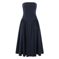 Blue Strapless Lace Up A-Line Midi Dress