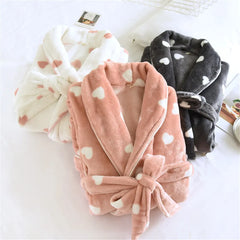 Heart Print Flannel Robe With Pocket