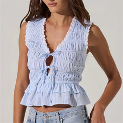Sleeveless V Neck Bow Smocked Crop Top