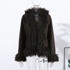 Faux Fur Plush Lapel Brown Jacket