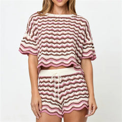 Wavy Stripe Knit Cropped Top and Drawstring Shorts Set